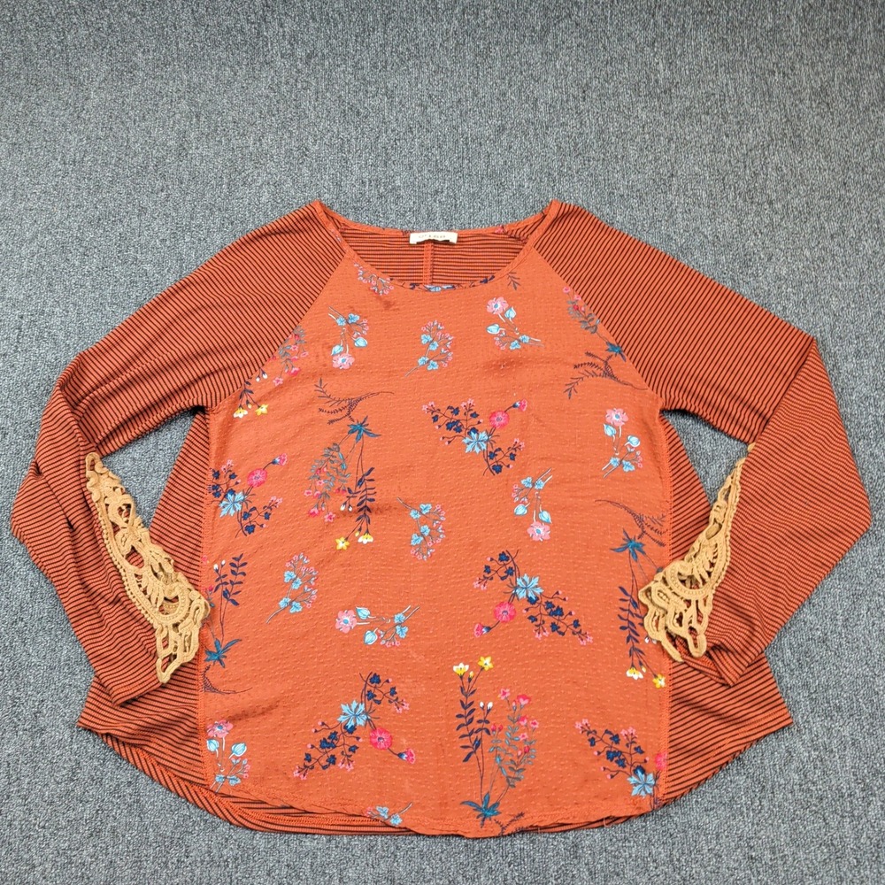 c'isa Vintage Boho Floral Striped Crochet Lace Raglan Top Large Rust Orange